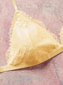Elorette 無鋼圈蕾絲內衣 + G字褲 + 吊襪帶附腿環 3件套內衣套裝 - 黃色 - 查看 4