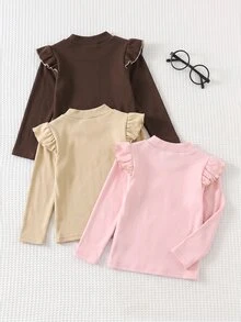 SHEIN 幼兒可愛休閒針織粉色長袖荷葉袖上衣 3件組 - 粉色 - 查看 2
