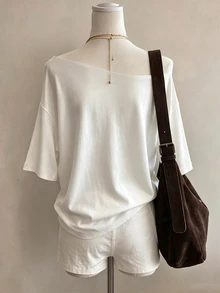 Lalippa Digital Print Napoleon Element Fashionable Women's Asymmetrical Shoulder Dropped Sleeve T-Shirt - Apricot - View 2