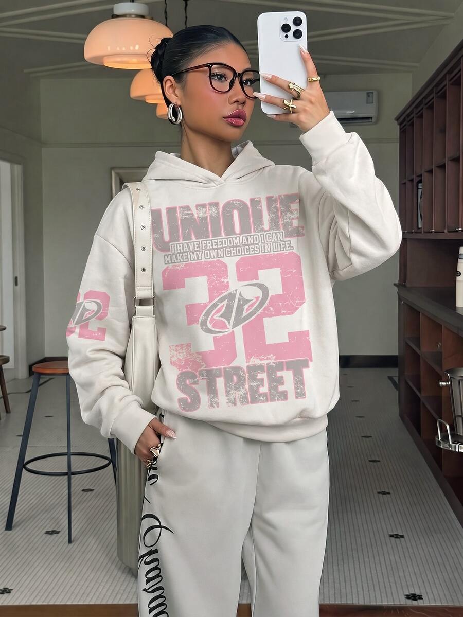 Muchica 女款全印花大學風數字圖案運動衫，休閒極簡日常百搭，約會穿搭，秋季女裝，秋季穿搭，通勤穿搭，百搭上衣，外出穿搭，機場穿搭 - 彩色 - 查看 1