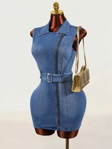 Mistrie Women's Fashion Asymmetric Zipper Denim Dress - Blue - View 4