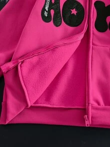 SHEIN 1件青少年女孩美式甜酷風夾克，校園出遊與購物穿搭，春秋款玫瑰紅星星與字母刺繡寬鬆連帽拉鍊運動衫 - 玫紅色 - 查看 4