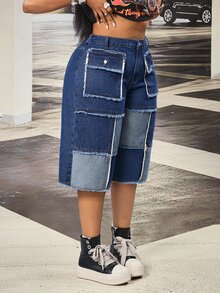 SHEIN CURVE+ Festival Plus Size Women's Blue Non-Stretch Denim Patchwork Frayed Hem Capris - Dark Wash - View 5