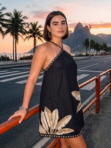 CAJUNI Chic Vacation Golden Palm Tree Embroidery Short Dress - Multicolor - View 6