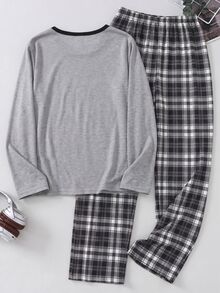 2pcs/Set Boys New Fashion Minimalist Solid Color Round Neck Gray Long Sleeve Top With SLEEP Print Autumn/Winter Pajamas - Grey - View 2