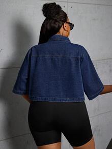 SHEIN CURVE+ Plus Size Women's Cropped Denim Jacket - Dark Wash - View 2