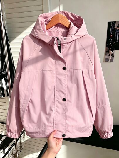 SHEIN Girls' Casual Fashion Korean Style Woven Fabric Hooded Jacket, Loose Fit Comfortable, Suitable For Spring And Autumn Daily Commute, Outdoor Play, Outings, Gatherings And Photo Shoots