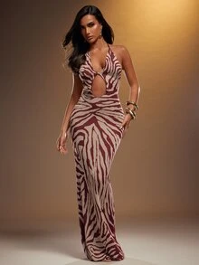 Hauture Women's Sexy Abstract Animal Halter Neck Cut Out Tie Back Fitted Maxi Sweater Knitted Dress - Multicolor - View 4