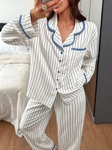 Napfluff 女童夏季黃色條紋長袖長褲休閒寬鬆居家服2件套 - 白色 - 查看 4