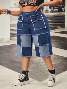 SHEIN CURVE+ Festival Plus Size Women's Blue Non-Stretch Denim Patchwork Frayed Hem Capris - Dark Wash - View 1