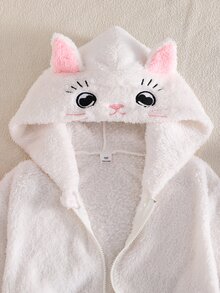 SHEIN 1件女童甜美風休閒外套，校園休閒穿搭，秋冬款3D貓咪刺繡連帽寬鬆抓絨夾克 - 白色 - 查看 7