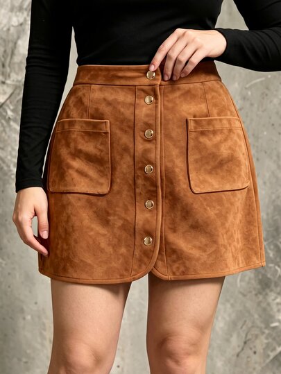 Linhara CURVE Women's Plus Size Solid Color Vintage Caramel Brown Suede A-Line Mini Skirt With Front Buttons And Pockets, Casual Daily Commute Holiday Autumn/Winter Versatile Skirt