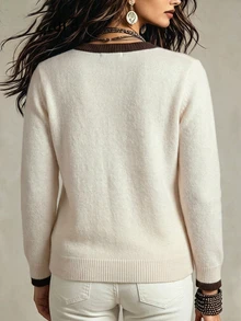 Linhara CURVE Plus Size Women's Solid Color Knit Cardigan With Color Block Round Neck Hollow Out Minimalist Casual Style Suitable For Daily Commute Office School Vacation - Multicolor - View 2