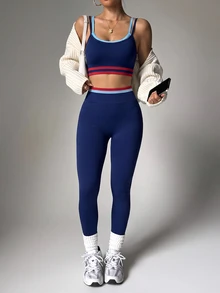 SHEIN Dewbera Women's Colorblock 2 In 1 Camisole Top And High-Waisted Leggings Casual Daily Sports Set - Navy Blue - View 1
