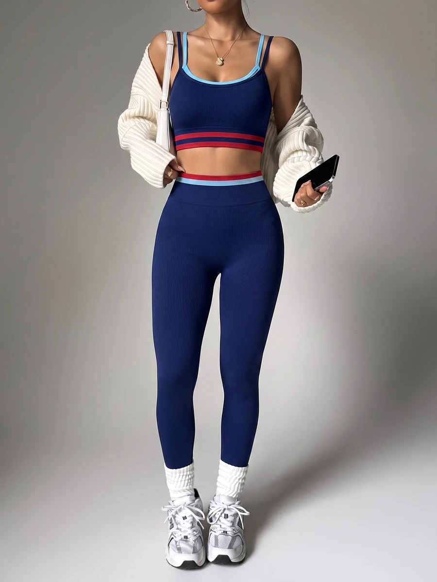 SHEIN Dewbera Women's Colorblock 2 In 1 Camisole Top And High-Waisted Leggings Casual Daily Sports Set - Navy Blue - View 1