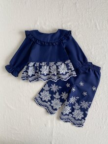 SHEIN Playful Pals 女嬰可愛娃娃風大領口前開襟刺繡下擺鬆緊腰刺繡袖口長袖長褲套裝 春秋款 - 寶藍色 - 查看 2