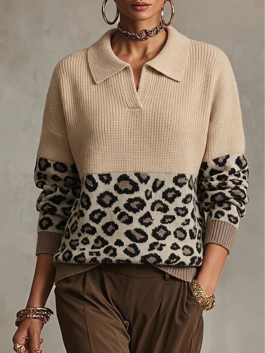 SHEIN Suéter casual de mujer con estampado de leopardo patchwork, hombros caídos y manga larga - Multicolor - Ver 1
