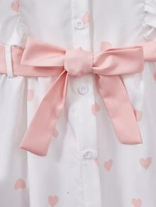 SHEIN 甜美風女童兩件式上衣套裝，粉色與白色淺粉心形印花上衣配蝴蝶結腰帶，搭配同款內搭褲，可愛家庭校園秋季穿搭 - 彩色 - 查看 7