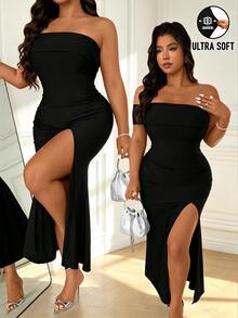 Femmeverse Women Plus Size Elegant Sexy Off-Shoulder Square Neck Slit High-End Evening Dress Party Cocktail Black Summer - Black - View 7