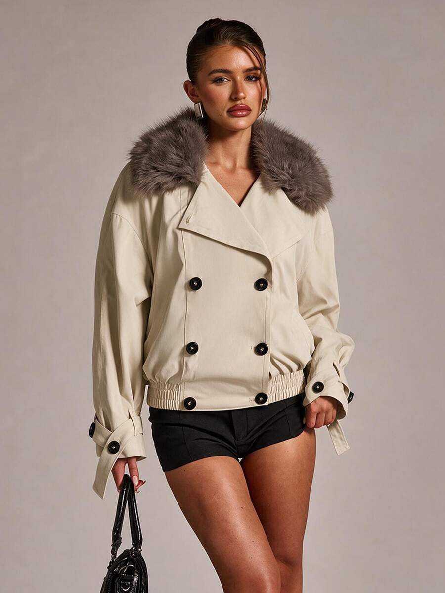 SHEIN BAE Ivory White Woven Cropped Jacket With Detachable Faux Fur Collar, Double Breasted Flap Pockets Elasticated Hem, Weekend Brunch Fall Winter Coat - White - View 1