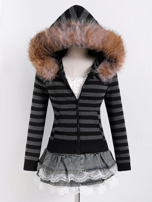 Tween Girls Sweatshirts, Brown & Dark Grey, Fall Winter, Casual, Hooded, Autumn, Long, Sleeve, Loose, Outfit, Comfortable, Daily, Style, Zip, Cute