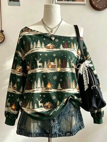 Lalippa Women's Vintage Christmas Pattern Printed Asymmetric Neck Sweatshirt - Multicolor - View 1