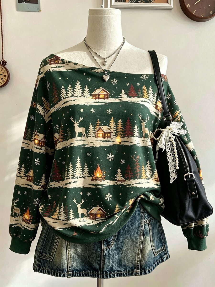 Lalippa Women's Vintage Christmas Pattern Printed Asymmetric Neck Sweatshirt - Multicolor - View 1