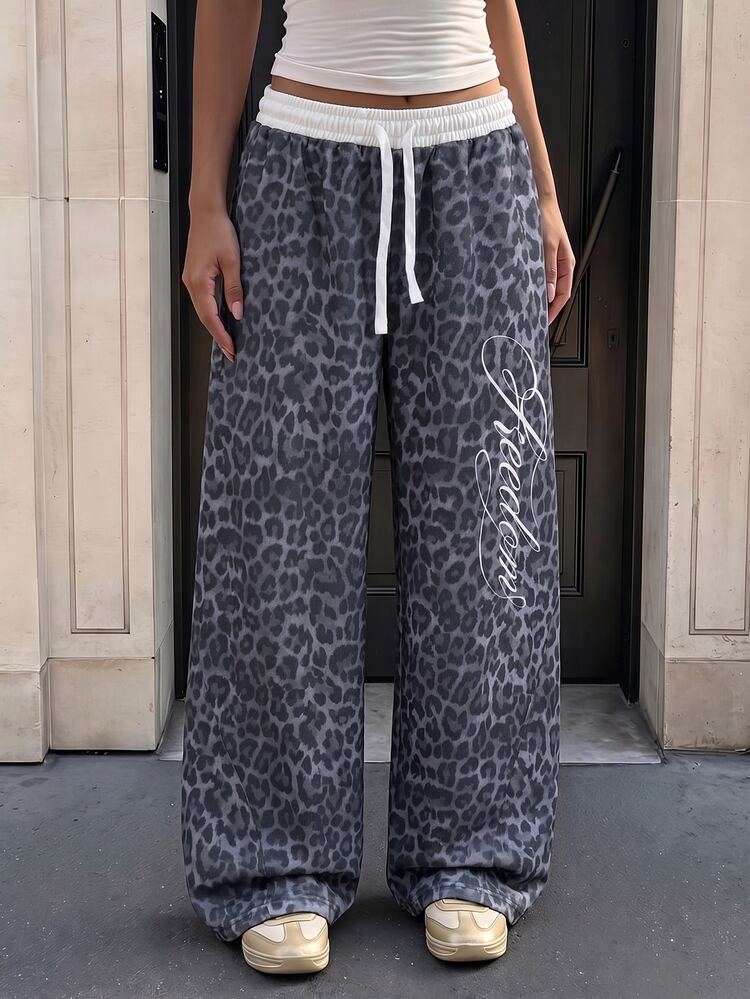 SHEIN Teen Girls Sweatpants, Dark Grey & Lavender, Fall Winter, Casual, Leg, Wide, Loose, Straight, Versatile, Minimalist, Autumn, Waist, Match, High, Long - Dark Grey - View 1