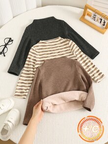 SHEIN 3件組兒童小男孩小女孩秋冬高領長袖套頭上衣 基本T恤多件裝 秋冬小男孩T恤 - 彩色 - 查看 2