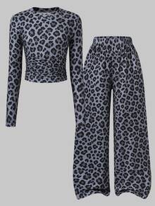 SHEIN 2pcs Tween Girls Leopard Print Set, Casual Style, Spring/Autumn Outfit. Long Sleeve Ruched Top Paired With Elastic Waist Wide Leg Pants, Full Leopard Print Digital Pattern, Elastic Fabric Soft And Body-Hugging, Flattering Fit For Daily Wear And Outings. - Multicolor - View 5