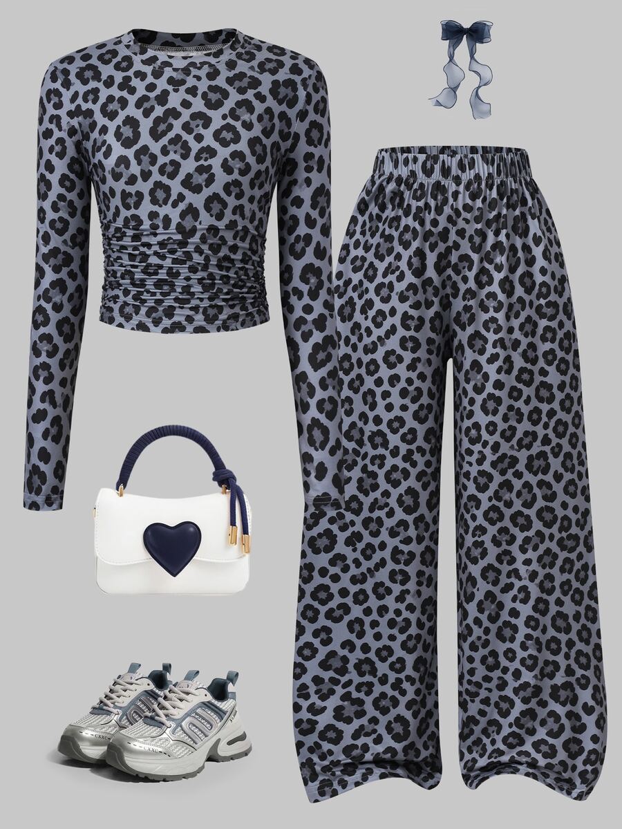 SHEIN 2pcs Tween Girls Leopard Print Set, Casual Style, Spring/Autumn Outfit. Long Sleeve Ruched Top Paired With Elastic Waist Wide Leg Pants, Full Leopard Print Digital Pattern, Elastic Fabric Soft And Body-Hugging, Flattering Fit For Daily Wear And Outings. - Multicolor - View 1