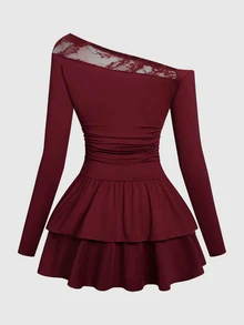 SHEIN Unity Women's Lace Patchwork Oblique Shoulder Elegant Sexy Wear Cinched Waist A-Line Mini Dressautumn Party Going Out Cocktail Burgundy - Burgundy - View 2