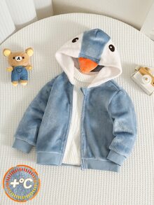 SHEIN Baby Boy Autumn/Winter Penguin Design Colorblock Thermal Lined Thick Hooded Jacket, Plush Jacket, Penguin Jacket, Blue Jacket, Infant Jacket - Multicolor - View 1