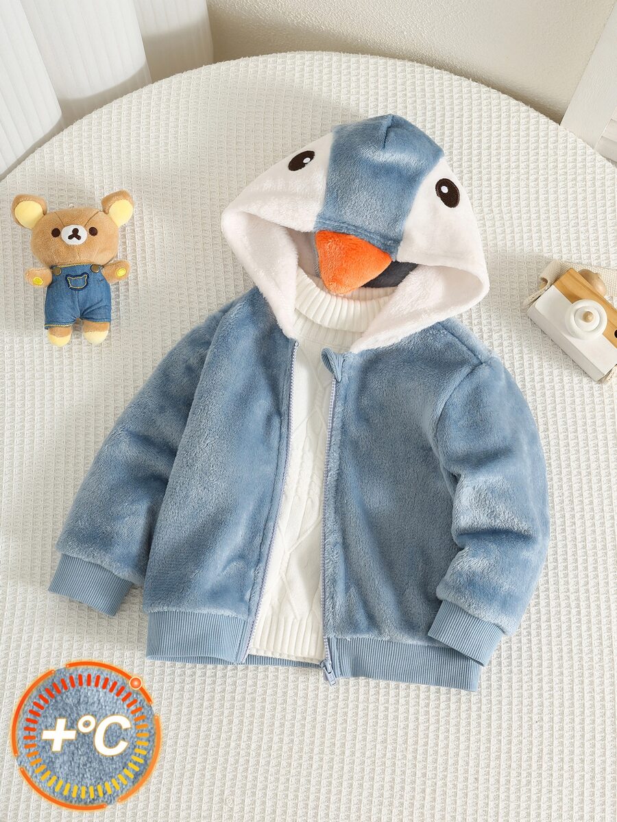 SHEIN Baby Boy Autumn/Winter Penguin Design Colorblock Thermal Lined Thick Hooded Jacket, Plush Jacket, Penguin Jacket, Blue Jacket, Infant Jacket - Multicolor - View 1