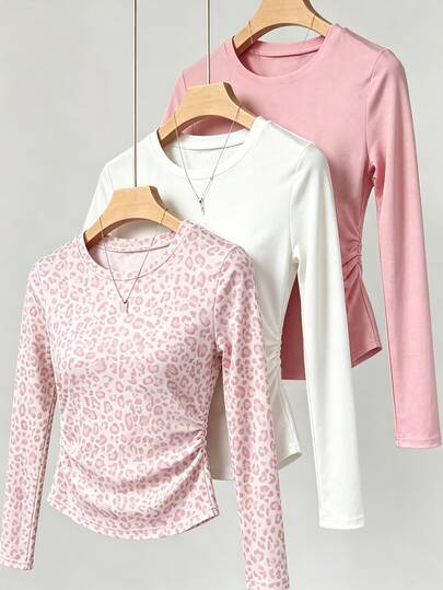 3pcs/Set Girls Long Sleeve T-Shirt, White, Pink, Pink Leopard Print, All-Over Print, Casual All-Match Versatile, Suitable For Outings, Streetwear, Autumn/Winter, Halloween, Christmas, Back To School