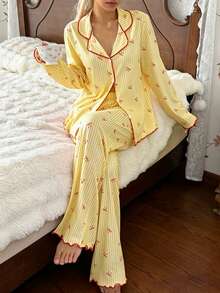 CottageSlumber Sweet Striped Ins Korean Style Bow Print Pajamas Women Long Sleeve Long Pants Loungewear - Yellow - View 4
