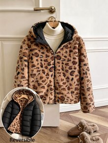 SHEIN معاطف شتوية للبنات المراهقات باللون الأسود قابلة للعكس بطبعة نمر مبطنة بالصوف - الأسود - مشاهدة 6