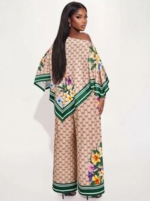 Poshavie Poshavie Plus Size Floral Geo Print Asymmetrical Top & Wide Leg Pants Set, Striped Trim Loose Two Pieces Outfit - Khaki - View 2
