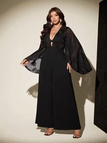 Viva Relle Plus Size Women's Sheer Cutout Bell Sleeve Wide Leg Elegant Jumpsuit Fall - Black - View 5