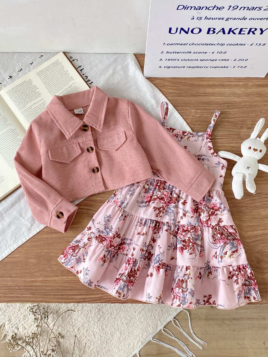 SHEIN Playful Pals 女嬰翻蓋口袋長袖燈芯絨夾克搭配碎花細肩帶洋裝套裝 - 粉色 - 查看 1