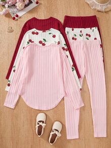 SHEIN Vintaside Kids 女童套裝，酒紅色素色、淺粉色素色，共3色可選，圓領長袖上衣搭配修身長褲，完整套裝方便搭配，適合日常上學、外出與玩耍，多色可選方便輪換 - 彩色 - 查看 2