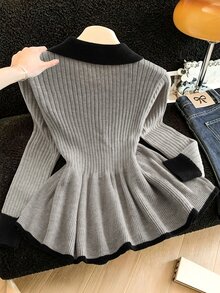 GlowEve CURVE Plus Size Women's Solid Color Knit Cardigan Sweater With Ruffle Trim, Metal Buttons, Faux Pockets, Minimalist Casual Style, Suitable For Autumn/Winter Daily Commute, Office, College, Back To School, Vacation - Multicolor - View 2