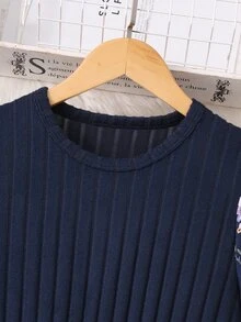 Teen Girls Fall Dresses Pastoral Style Navy Blue Patchwork Floral Long Sleeve Dress, Ribbed Waist, Puff Sleeves - Navy Blue - View 6