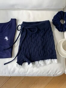 Comfortcana 女款腰部綁帶麻花編織休閒短褲 - 藏蓝色 - 查看 8