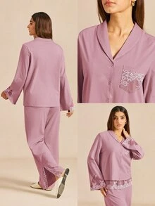 LUVLETTE Fall Soft Pink 100% Pure Cotton Luxurious Lace Trim Button-Up Top & Pants Loungewear Pajama Set For Pyjama Cotton Pajamas Graphic - Pink - View 3