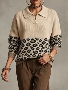 SHEIN Suéter casual de mujer con estampado de leopardo patchwork, hombros caídos y manga larga - Multicolor - Ver 4