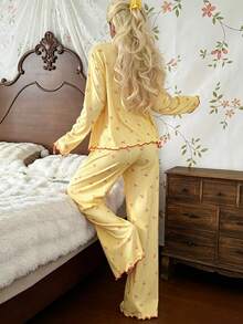 CottageSlumber Sweet Striped Ins Korean Style Bow Print Pajamas Women Long Sleeve Long Pants Loungewear - Yellow - View 2