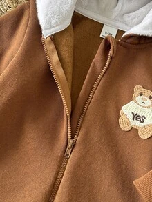 SHEIN Baby Boy Cartoon Bear Patch Zipper Front Hooded Romper - Brown - View 6