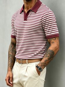 JOLTRO 男士條紋短袖休閒通勤 Polo 衫 - 玫紅色 - 查看 3