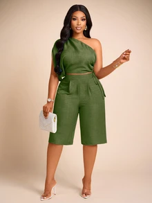 Brilight Elegant Spring/Summer Women's Commute And Casual Wear: Two Pieces Set Of Adjustable Pleated Off-Shoulder Top And Capri Pants. Suitable For Vacation. - Green - View 6